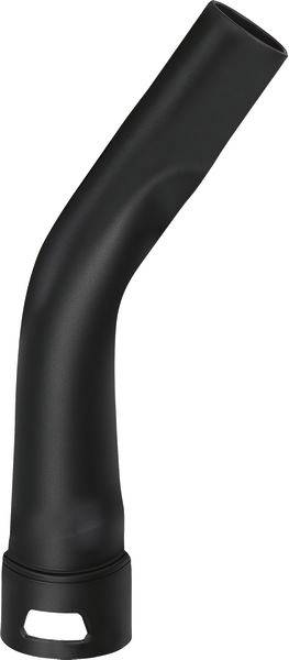 Eine Nahaufnahme eines schwarzen Kunststoff-Staubsaugergriffs, leicht gebogen, mit einer runden Öffnung am breiteren Ende.