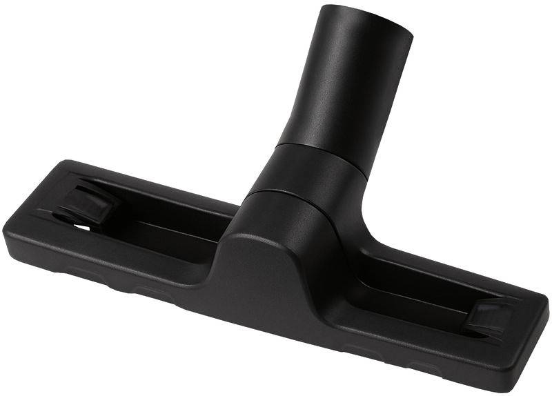 Eine schwarze Staubsauger-Bodendüse mit einer flachen, breiten Grundfläche, die zum Reinigen von Oberflächen entwickelt wurde.
