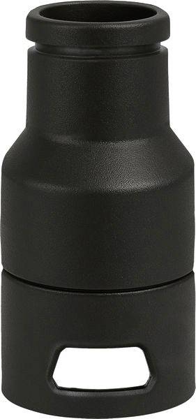 Ein schwarzer Kunststoffadapter mit zylindrischer Form und einer rechteckigen Öffnung an der Unterseite, verwendet zum Verbinden von Schlauchanbringungen.
