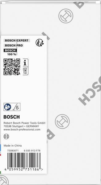 "Bosch Expert" Verpackung mit Produktdetails, QR-Code, Recycling-Symbol und Kontaktinformationen für Robert Bosch Power Tools GmbH.