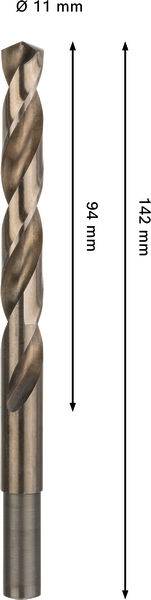 Stahlbohrer mit einem Durchmesser von 11 mm und einer Gesamtlänge von 142 mm. Der Nutabschnitt misst 94 mm.