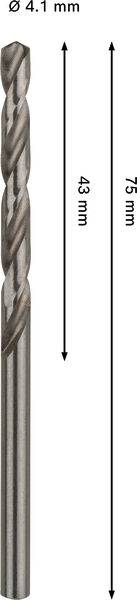 Ein Metallbohrer mit einem Durchmesser von 4,1 mm ist dargestellt. Er hat eine Länge von 75 mm, wobei 43 mm der Welle gerillt sind, wie durch Pfeile angezeigt wird.