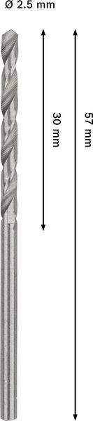 Bohrwerkzeug mit einem Durchmesser von 2,5 mm. Die Schneidenlänge beträgt 30 mm und die Gesamtlänge 57 mm.