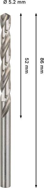 Ein Metallbohrer mit einer Gesamtlänge von 86 mm, einer Schneidlänge von 52 mm und einem Durchmesser von 5,2 mm.