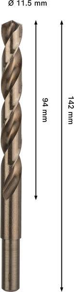 Ein Metallbohrer mit Spiraldesign, 142 mm lang, mit 94 mm Schneidfläche und 11,5 mm Durchmesser.