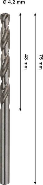 Ein Metallbohrer mit einem Durchmesser von 4,2 mm und einer Gesamtlänge von 75 mm, wobei der Nuttenteil 43 mm misst.