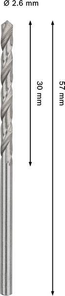 Bohrer mit einem Durchmesser von 2,6 mm, mit einer Gesamtlänge von 51 mm; die Schaftlänge beträgt 30 mm.