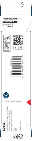 Verpackung eines Bosch Expert-Produkts mit Barcode, QR-Code und Sicherheitssymbolen, einschließlich Warnhinweisen und Recyclinginformationen.