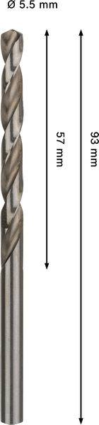 Ein Metallbohrer mit einem Durchmesser von 5,5 mm, einer Schnittlänge von 57 mm und einer Gesamtlänge von 93 mm.