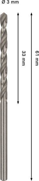 Bohrer mit einer Gesamtlänge von 61 mm, einem Nuttenteil von 33 mm und einem Durchmesser von 3 mm.