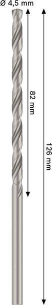 Ein metallischer Bohrer mit einem Durchmesser von 4,5 mm, einer Gesamtlänge von 126 mm und einer Schneidlänge von 82 mm.