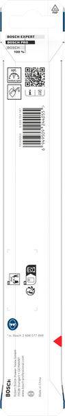 Verpackung für Bosch Exact T144D Stichsägeblatt, zeigt Spezifikationen, QR-Code, Strichcode, Sicherheitssymbole und Recyclinginformationen.