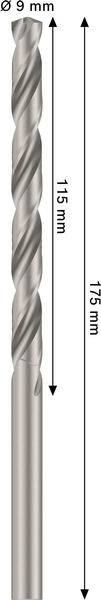 Bild eines Bohrers mit zwei Längenmessungen: Der gefräste Abschnitt beträgt 115 mm und die Gesamtlänge beträgt 175 mm. Der Durchmesser beträgt 9 mm.