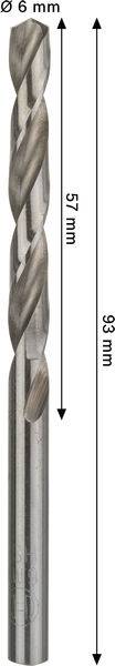 Ein Metallbohrer mit einem Durchmesser von 6 mm, einer Schneidlänge von 57 mm und einer Gesamtlänge von 93 mm.