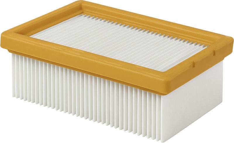 Rechteckiger Luftfilter mit orangefarbenem Rahmen und weißem Falten-Material, entwickelt zum Abfangen von Staub und Partikeln.