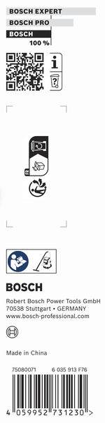'BOSCH EXPERT' und 'BOSCH PRO' Etiketten mit QR-Code, Recycling-Symbole, 'Made in China'. Hergestellt von Robert Bosch Power Tools GmbH.