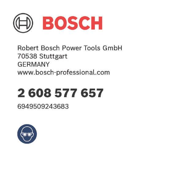 Bosch Unternehmenslogo mit Kontaktdaten: 'Robert Bosch Power Tools GmbH, 70538 Stuttgart, Deutschland'. Telefonnummer und Website angezeigt.