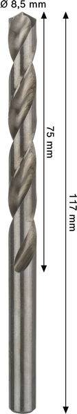 Ein Metallbohrer mit einem Durchmesser von 6,5mm, einer Schneidenlänge von 75mm und einer Gesamtlänge von 117mm ist mit Pfeilen dargestellt, die die Abmessungen anzeigen.