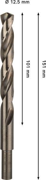 Ein Metallbohrer mit einem Durchmesser von 12,5 mm, mit einer Gesamtlänge von 151 mm und einer Drallänge von 101 mm, vor einem einfachen Hintergrund.