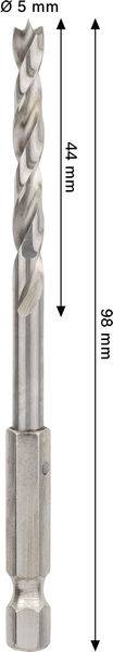 Ein Metallbohrer hat eine Gesamtlänge von 98 mm und einen Durchmesser von 5 mm. Der Nutenteil misst 44 mm.