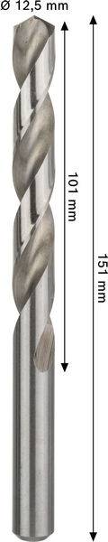 Ein Metallbohrer mit Spiraldesign, 151 mm Gesamtlänge, mit einer Arbeitslänge von 101 mm und einem Durchmesser von 12,5 mm.