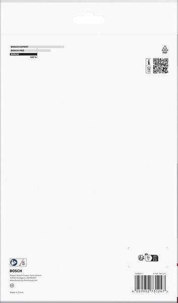 Das Bild zeigt die Rückseite einer Bosch-Verpackung mit Produktdetails, Unternehmenslogo, QR-Code und Sicherheitssymbolen auf weißem Hintergrund.