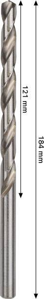 Ein Metallbohrer mit spiralförmigen Nuten, mit einer Gesamtlänge von 184 mm und einer Schaftlänge von 121 mm, wird vertikal dargestellt.