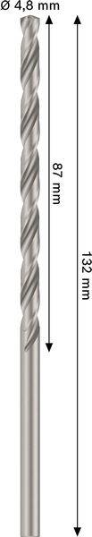 Ein Bohrmeißel mit einer Länge von 132 mm und einem Durchmesser von 4,8 mm mit einem 87 mm langen spiralförmigen Abschnitt.