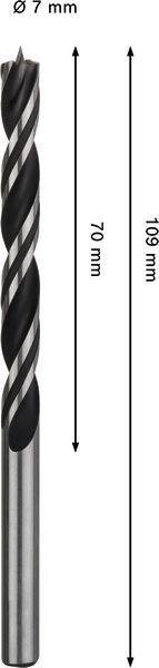 Ein Metallbohrer wird gezeigt mit einer Länge von 110 mm und einem Durchmesser von 7 mm, mit einem Spiraldesign entlang seines Schafts.