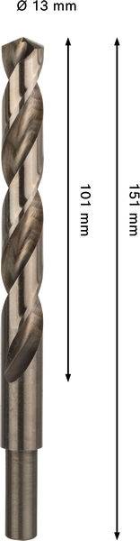 Ein Metallbohrer mit einem Durchmesser von 13 mm und einer Gesamtlänge von 151 mm; der Spiralabschnitt hat eine Länge von 101 mm.