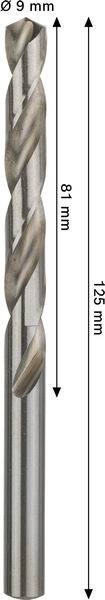 Ein Metallbohrer mit einem Durchmesser von 9 mm, einer Arbeitslänge von 81 mm und einer Gesamtlänge von 125 mm.