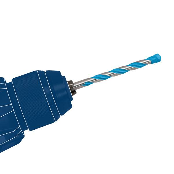 Ein blau-silberner elektischer Bohrer mit einem aufgesetzten Spiralbohrer, diagonal gegen einen weißen Hintergrund positioniert.