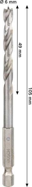 Ein Metallbohrer mit den gezeigten Abmessungen: Ø 6 mm Durchmesser, 49 mm Länge für den Bohrerteil und 105 mm Gesamtlänge.