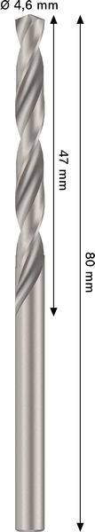 Ein Bohraufsatz mit 4,6 mm Durchmesser, 80 mm Gesamtlänge und einem 47 mm langen Wendelspiralbereich.