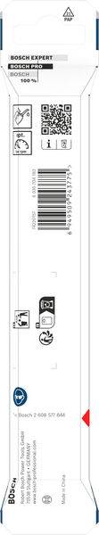 Verpackung für ein Bosch Expert-Werkzeug mit Strichcode, QR-Code, Montageanleitung, Sicherheitssymbolen und Produktdetails.