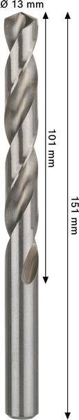 Ein Metallbohrer mit einem Durchmesser von 13 mm und einer Länge von 151 mm, einschließlich einer Schneidenlänge von 101 mm.