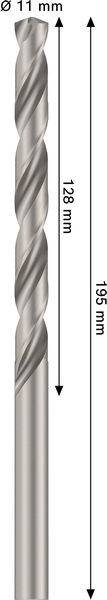 Bohrer mit einem Durchmesser von 11 mm, einer Gesamtlänge von 195 mm und einer Schneidenlänge von 128 mm.
