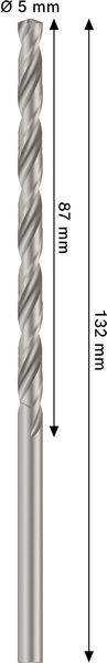 Ein Bohrmeißel mit einer Gesamtlänge von 132 mm, mit einem 87 mm langen Spannuten-Abschnitt. Der Durchmesser beträgt 5 mm.