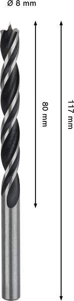 Metallbohrer mit einem Durchmesser von 8 mm, einer Schneidenlänge von 80 mm und einer Gesamtlänge von 117 mm. Geeignet für Präzisions-Bohrarbeiten.