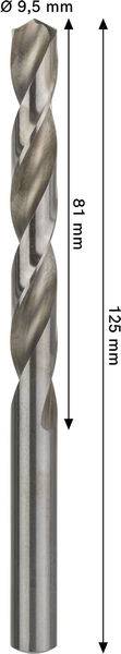 Ein Metallbohrer mit Abmessungen: 9,5 mm Durchmesser, 81 mm Schneidenlänge und 125 mm Gesamtlänge.