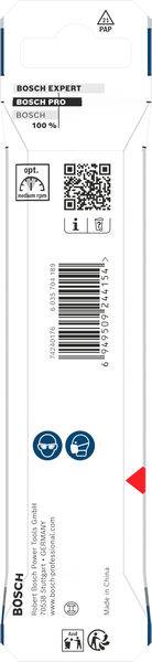 'Bosch Expert'-Verpackung, gekennzeichnet mit 100%, enthält einen QR-Code, Strichcode und Sicherheitssymbole. Hergestellt in China.
