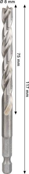„Bild eines Bohrers mit einem Durchmesser von 6 mm, einer Länge von 117 mm und einem Spiralbearbeitungsteil von 75 mm.