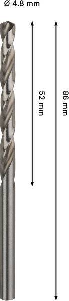 Ein Stahlbohrer mit markierten Abmessungen: Durchmesser 4,8 mm, Gesamtlänge 86 mm und Nuttenlänge 52 mm.