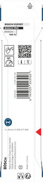 Bosch Expert Pro Bohraufsatz-Verpackung. Zeigt einen QR-Code, Barcode, Sicherheitssymbole und Kompatibilitätsinformationen für Bosch-Werkzeuge.