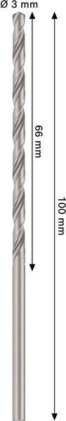 Bild eines Spiralbohrers mit einem Durchmesser von 5 mm, einer Arbeitslänge von 68 mm und einer Gesamtlänge von 100 mm.