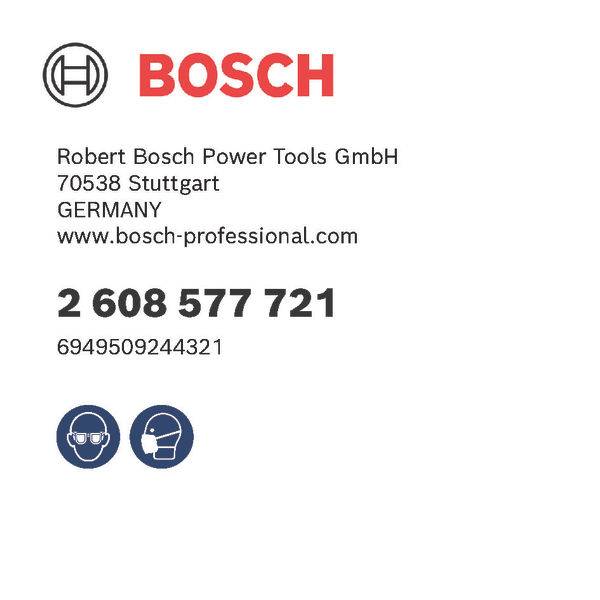 Bosch-Logo mit Kontaktinformationen für Robert Bosch Power Tools GmbH in Stuttgart, Deutschland. Telefonnummer: 2 608 577 721. Website: www.bosch-professional.com.