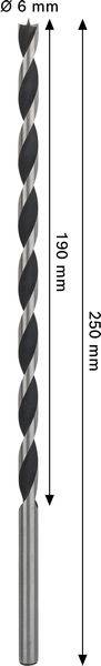 Ein langer Bohrer mit einer Gesamtlänge von 250 mm, wobei 190 mm auf den Spiralbereich entfallen.
