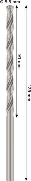 Ein Bohrmeißel mit einem Durchmesser von 5,5 mm, einer Schneidlänge von 97 mm und einer Gesamtlänge von 139 mm, vertikal dargestellt mit Messpfeilen.