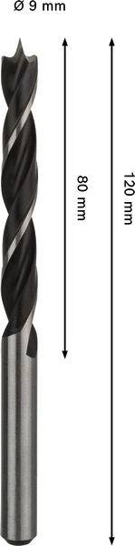 Ein Bohrer mit 9 mm Durchmesser, 80 mm Schneidenlänge und 120 mm Gesamtlänge, vertikal dargestellt mit Messpfeilen.