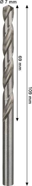 Ein Metallbohrmeißel mit einem Durchmesser von 7 mm und einer Gesamtlänge von 133 mm, mit 69 mm langen Spiralenrillen zum Bohren.
